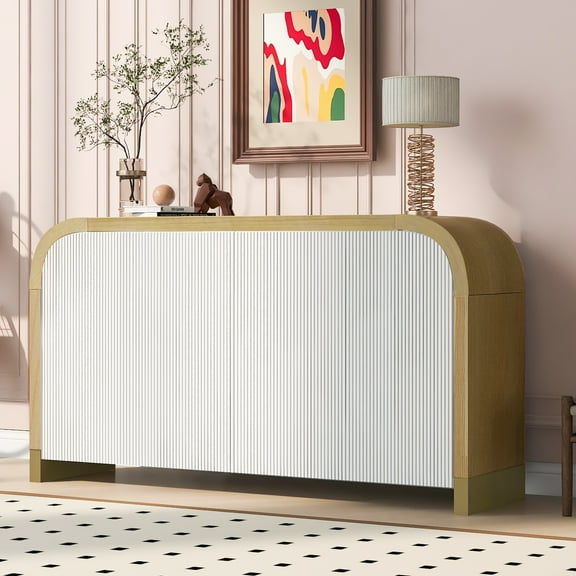 Curved Buffet Sideboard Cabinet with 4 Doors, Accent Cabinet with Adjustable Shelves, Modern Console Table with Wavy Door Panel Ideal for Living Room, Kitchen, Study or Enterway, White