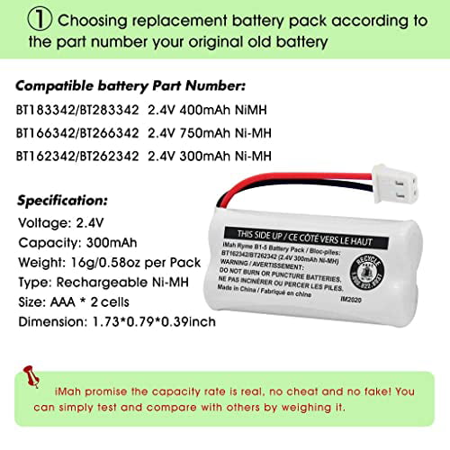 iMah BT162342/BT262342 2.4V 300mAh Ni-MH Cordless Phone Battery Pack 4-Pack Also Compatible with BT183342/BT283342 AT&T EL52351 TL90070 VTech CS5119 DS6511 DS6722 LS6305 Handset 