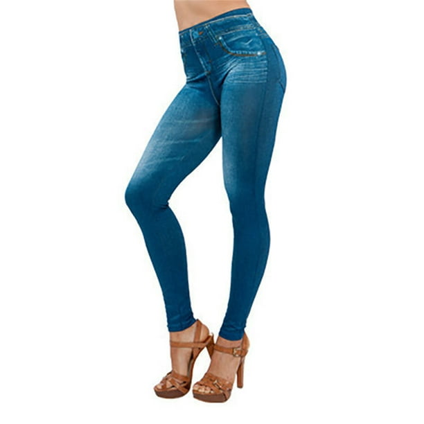 Innerwin Look Print Jeggings Seamless Women Fake Jeans Sport Butt Lifting  Slim Fit Denim Leggings blue XL 