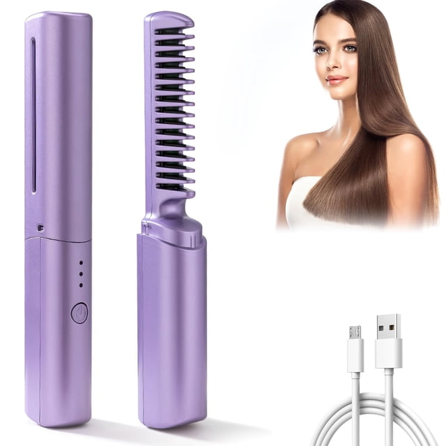 Rechargeable Mini Hair Straightener,Cordless Hair Straightener Brush,Portable Straightening Brush with Negative Ion,Hot Comb Hair Straightener Hot Tools,Lightweight & Mini for Travel