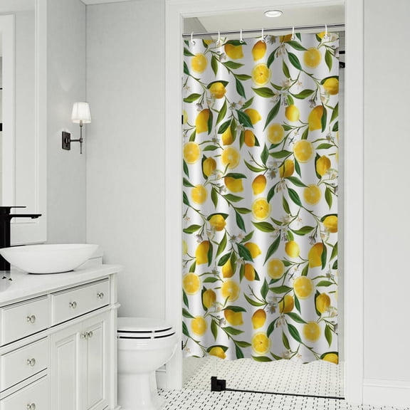 Yellow Lemon Fruit Flowers White Pattern Shower Curtain 36"x72" ,Bathroom Decorative Shower Curtains Set with 12 Hooks,Modern Waterproof Washable Shower Curtain