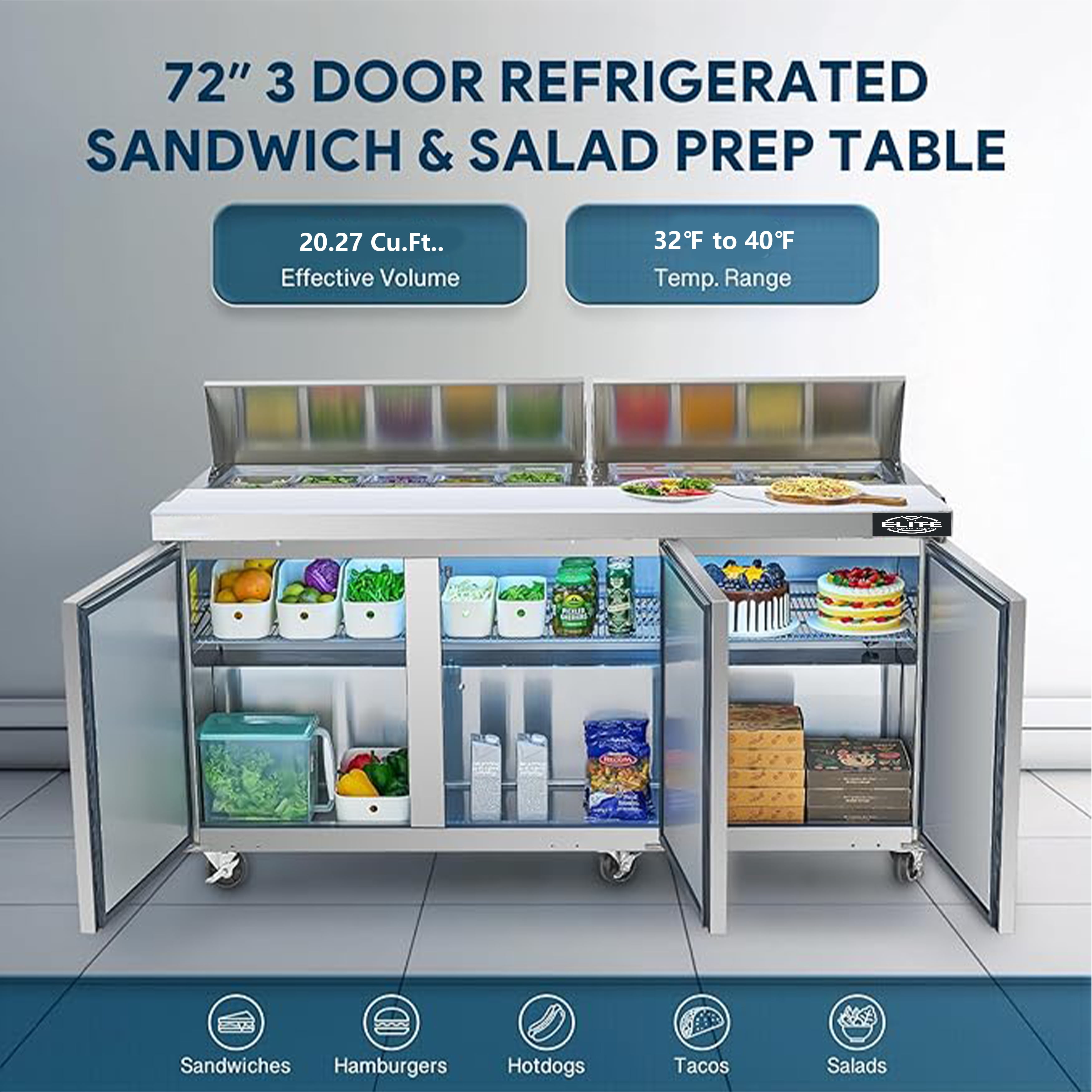 NSF 73 in. Refrigerated Sandwich Prep Table 20.3 Cu.Ft. 3 Door Commercial Salad Prep Table Refrigerator with Cutting Board