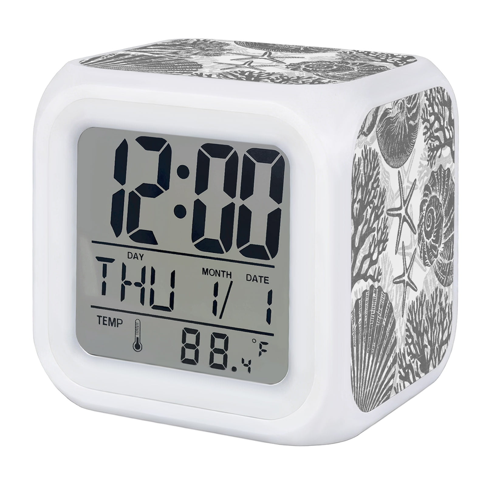 Gray Coastal Alarm Clock, Beach Starfish Nautical Coral Shell Summer Digital Clock Night Light with 7 Color, Calendar Temperature Display, LED Desk Small Clock for Bedrooms Bedside Living Room