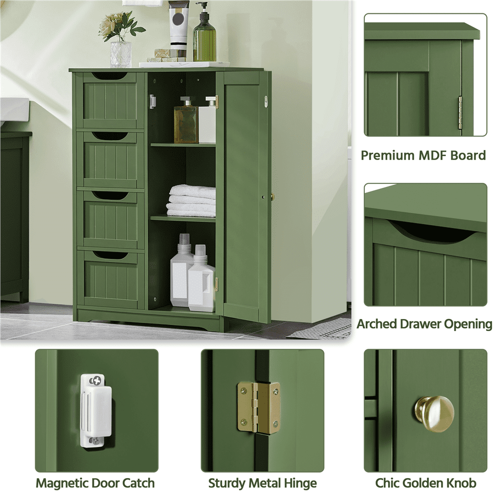 Renwick Modern Wooden Bathroom Storage Cabinet with 4 Drawers and Cupboard, Green