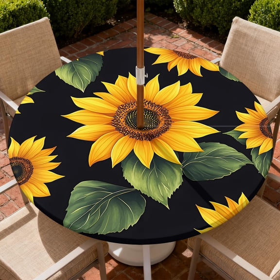 Round Outdoor Tablecloth with Umbrella Hole, Zippered Fitted Tablecloth with Elastic Edge, Waterproof Table Cloth Cover for Picnic Party Fits 36"-65" Round Table