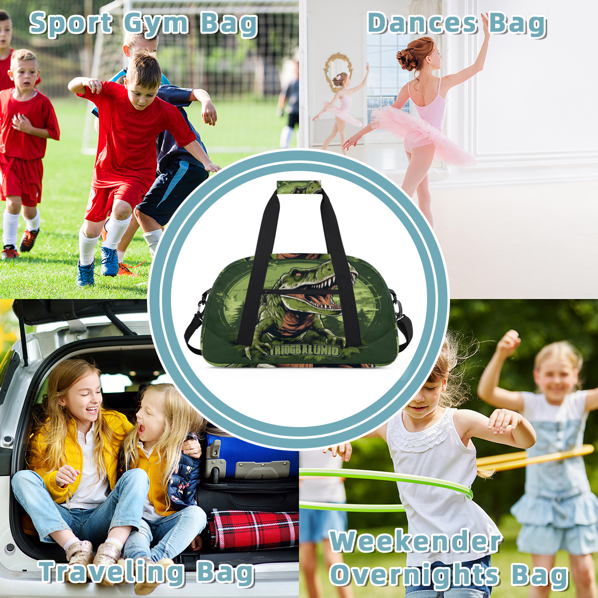 Herdesigns Dinosaur Sports Duffle Bag for Women & Men, Gym Bag Dance Bag Overnight Bag Carry On Weekender Travel Bag