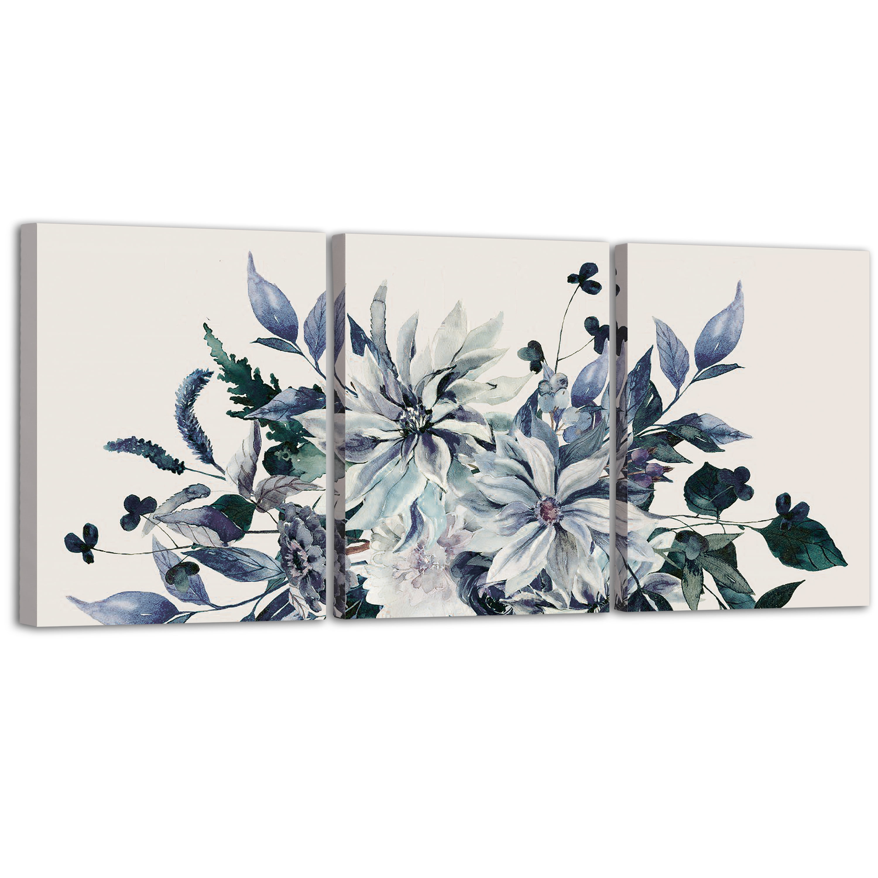 ArtbyHannah 3 Pieces 16x24 inch Blue Purple Floral Framed Canvas Wall Art Set with Violet Flower Prints for Home Decor Ready to Hang