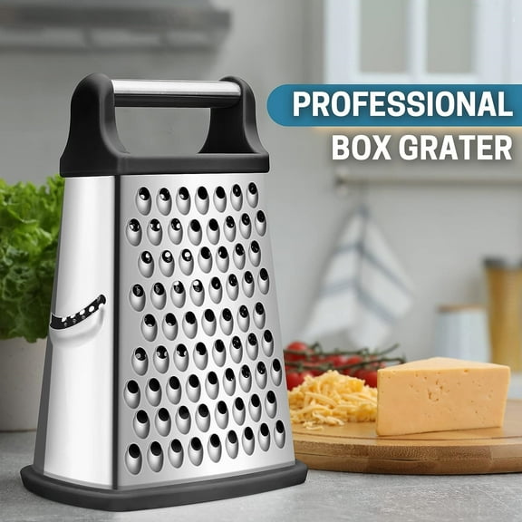 Professional Cheese Grater - Stainless Steel, XL Size, 4 Sides - Perfect Box Grater for Parmesan Cheese, Vegetables, Ginger - Dishwasher Safe - Black