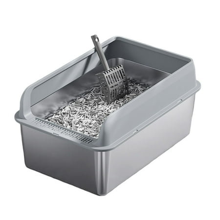 Large Stainless Steel Cat Litter Box with Lid &ndash; High Sides XL Metal Pan Scoop & Double Layer Anti-Leakage Mat Non-Stick Odorless Enclosure for Kittens & Big Cats Gray (60x40x30cm)