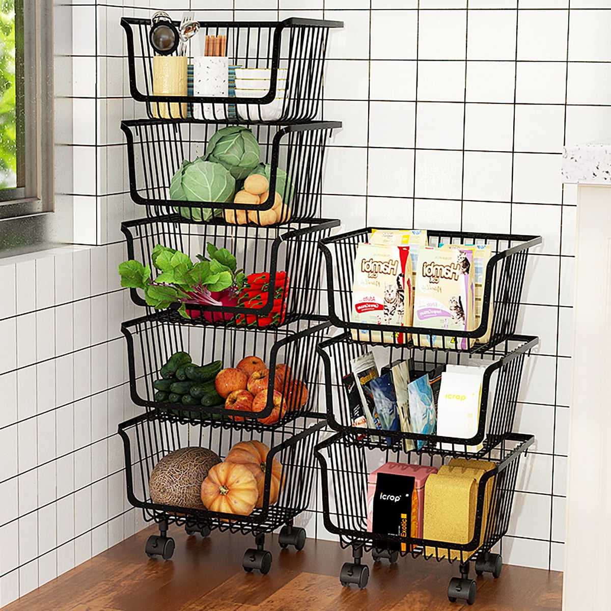 St@llion Vegetable Trolley on Wheels with 4 Tiered Storage Baskets Chrome Plated Rolling Shelf Cart Kitchen Bathroom 