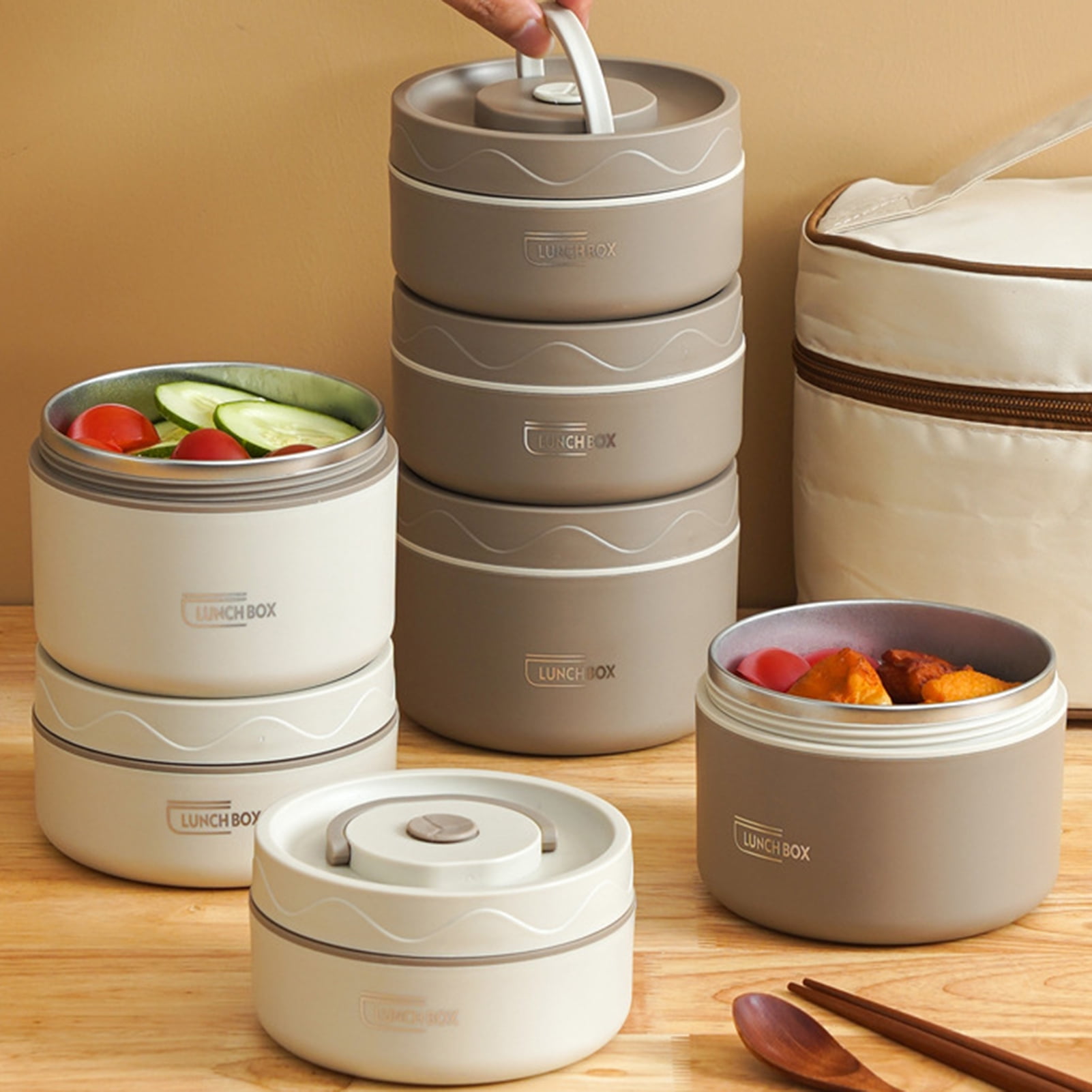 Lunch Box Containers - 1/2/3/4Pcs Lunch Box Round Shape Sealing Silicone Rubber Ring High Capacity Leak Proof 3H Heat Preservation Time Food Storage Food-Grade Stainless Steel Insulation Bento Box