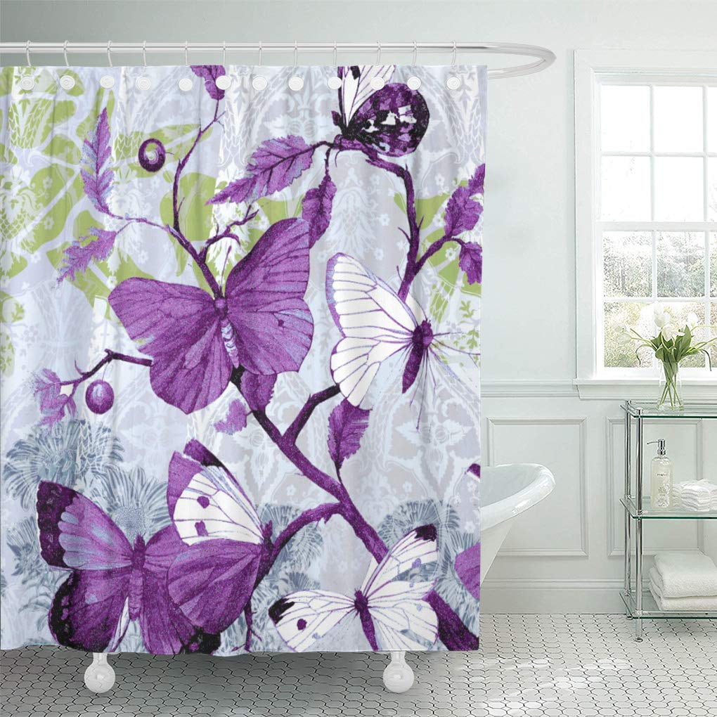 CYNLON Butterfly Purple Butterflies on Branch Tree Nature Leaves Leaf Bathroom Decor Bath Shower
