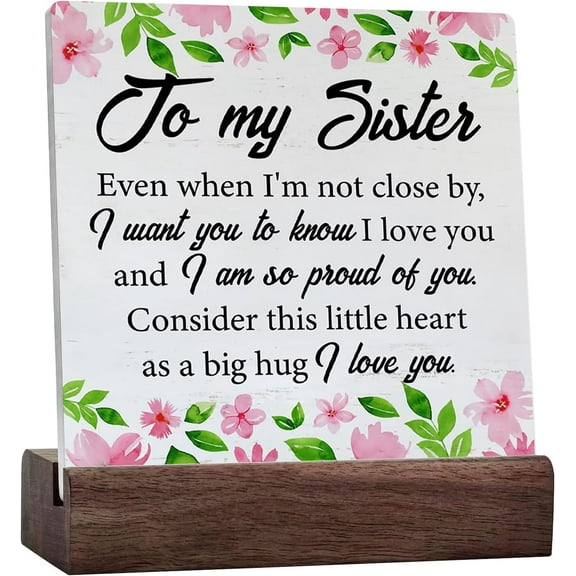 Farmhouse Floral Sister Quote Ceramic Table Sign Rustic Style I Love You Sister Wood Block Tabletop Sign Decorative Desk Sign Decor For Home Bedroom Shelf