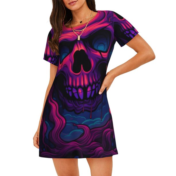 Balery Purple-Red Skull Camisón de manga corta con cuello redondo para mujer, cómodo y elegante.