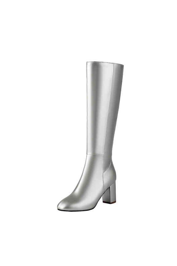 Womens Knee High Boots Platform Chunky High Heel Square Toe Side Zipper Casual Boots Shoes Silver 6(37)