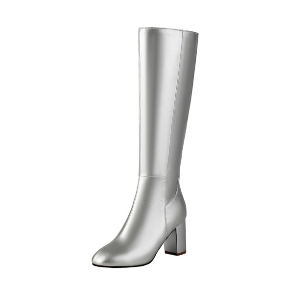 Silver Women'S Knee High Boots Side Zipper Mid High Heel Fashion Trendy Casual Comfortable Fall Winter Long Boots For Daily Wear Size 37