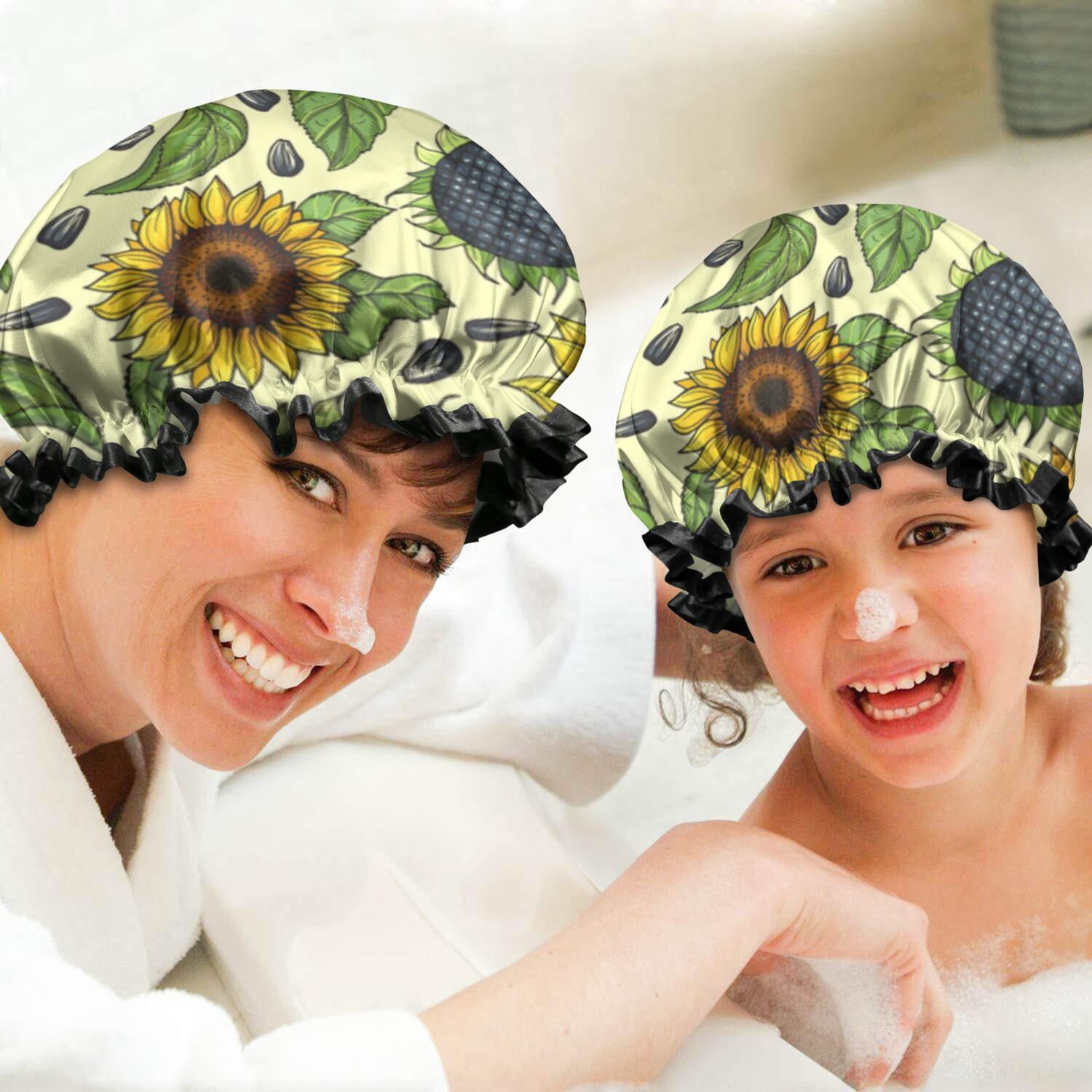 Shower Caps,Yellow Sunflower Seed Pattern Waterproof Shower Cap for Women 4 Pieces,Double Reusable Hair Cover for Shower PEVA Elastic Stretch Hem