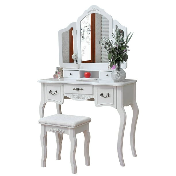 Makeup Vanity Table Set White Vanity Table And Cushioned Stool With 3 Mirrors And 5 Organization Drawers Set Y00433 Walmart Com Walmart Com
