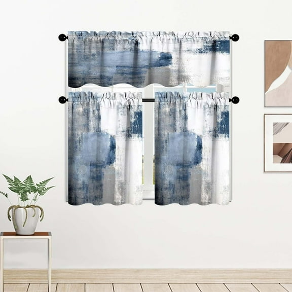 Blue Kitchen Curtain Valance and Tiers, 3Pcs Abstract Art Valance Set Grey Rod Pocket Curtain for Kitchen Window Modern Unique Patterns