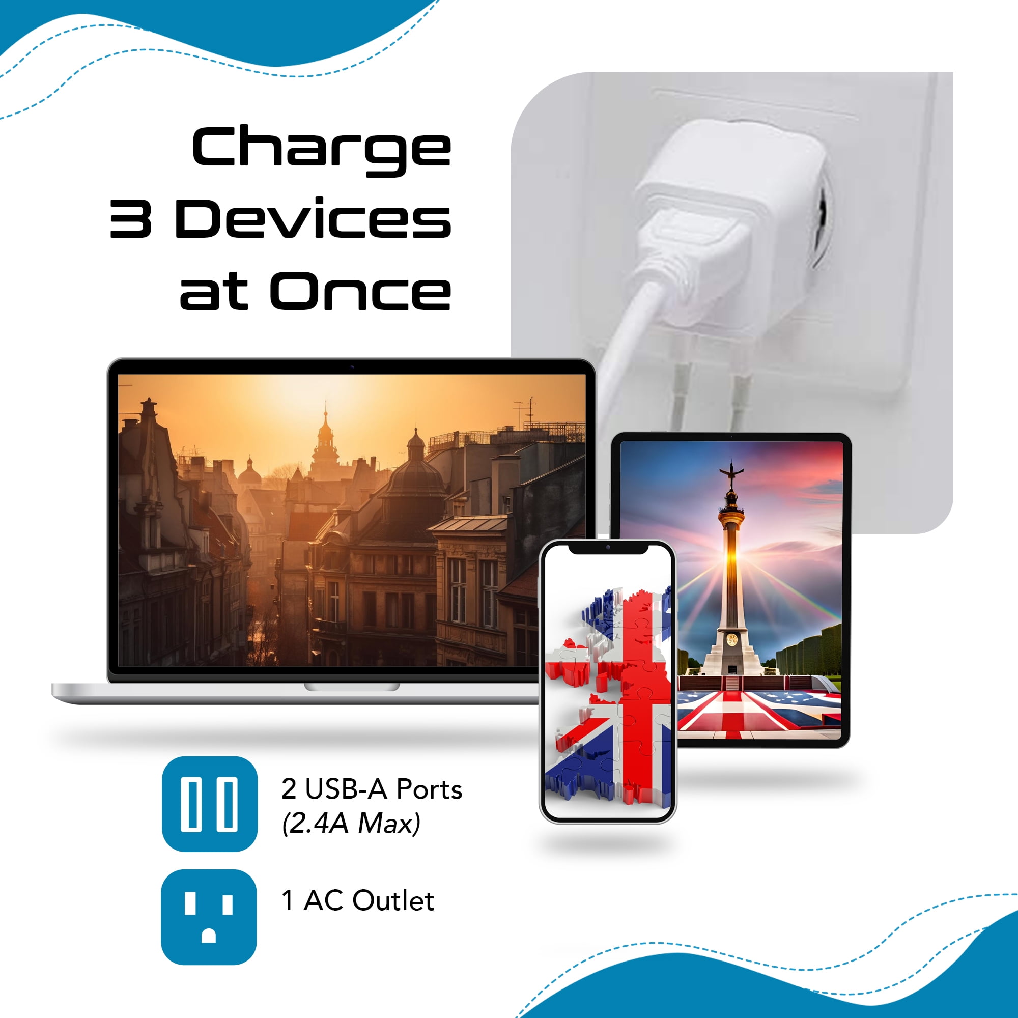 Ceptics CTU-7 UK, Dubai, Ireland Travel Adapter Plug - Type G - Dual USB Devices