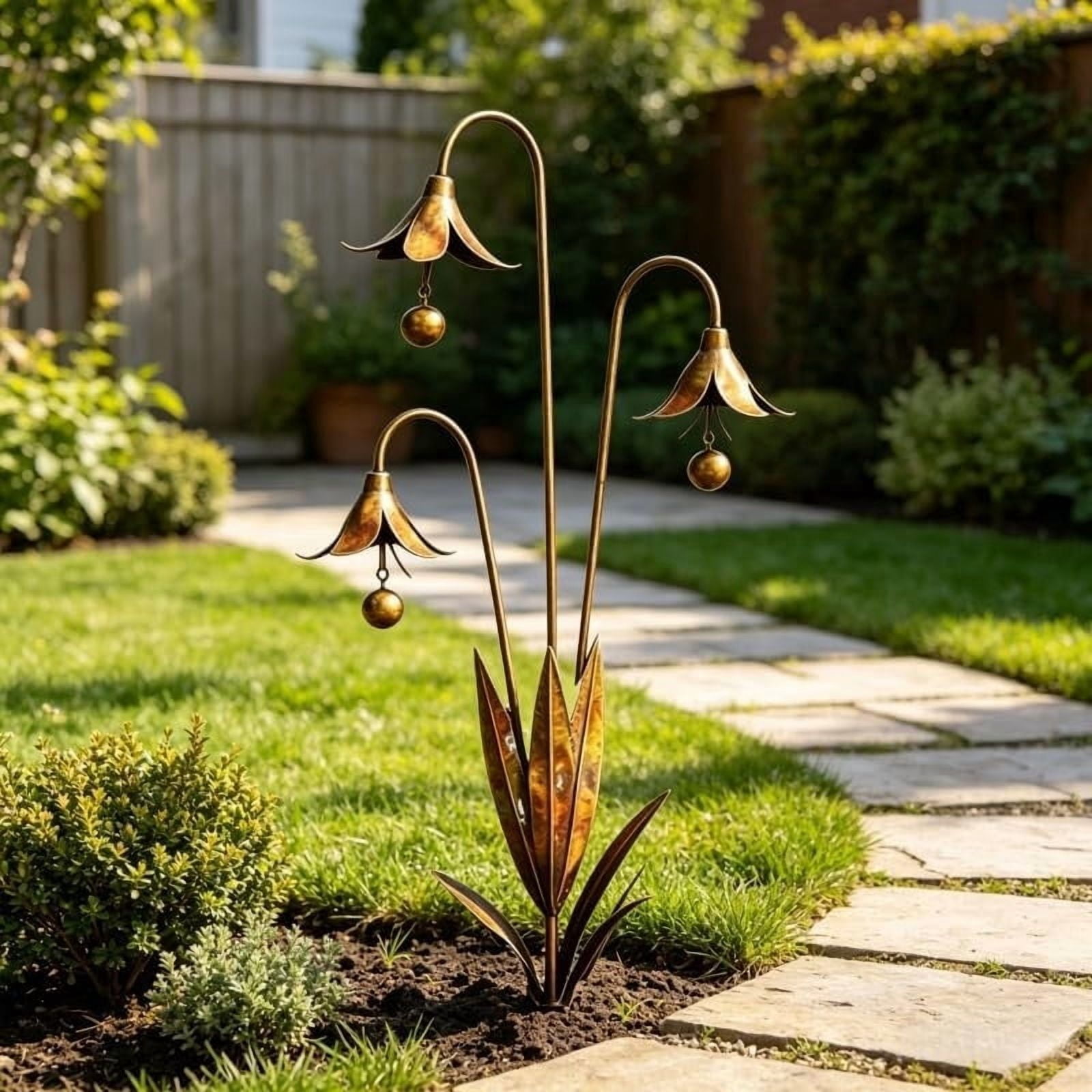 Three Bluebells Garden Stake with Bells, Flamed Copper Rain Catcher Flower Outdoor Yard Decoration, Metal Plant Sculpture Yard Art Decor, Rustic Wind Chime Ornament Gift
