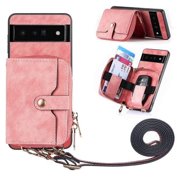 for Google Pixel 7 Pro Wallet Case, Crossbody Phone Purse with Card Holder for Women, Zipper PU Leather Carrying Cover Gift with Shoulder Strap Kickstand Anti-drop for Google Pixel 7 Pro - Pink