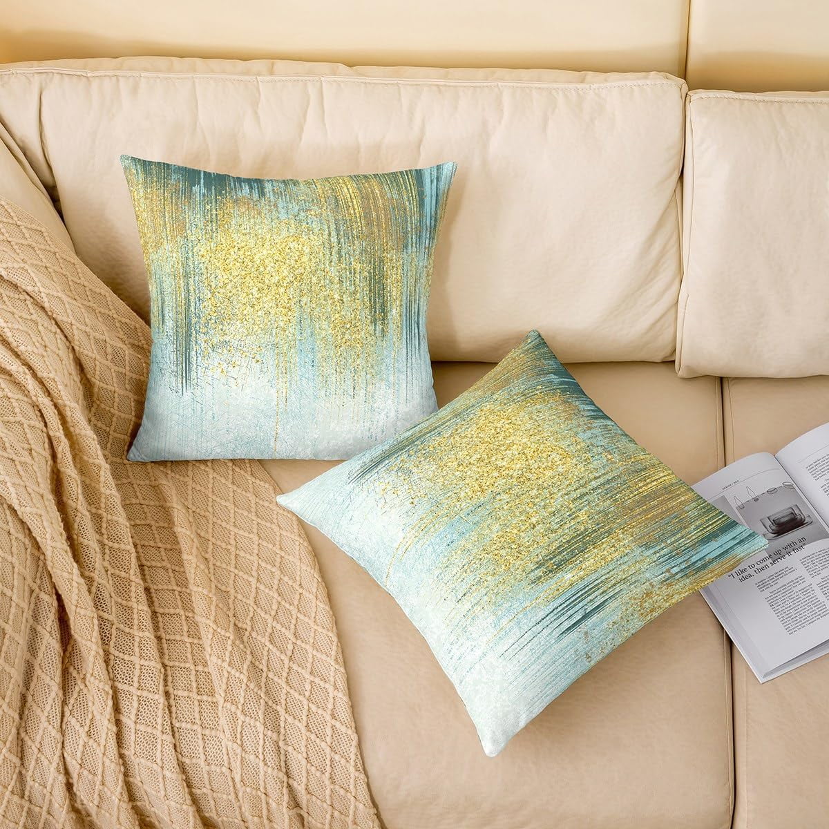 Green Teal Golden Reversible Throw Pillow Covers 20 x 20-Inch Kids Stripes Pillow Covers Home Decor for Boys Geometric Abstract Art Square Cushion Covers Set of 4 Modern Art