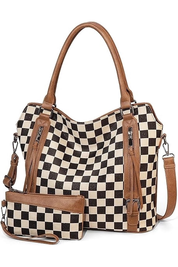 Checkered Shoulder Bag,Two-piece Set Handbag,Multi Pocket Sloping Shoulder Handbag,Fashionable Handbag With Wallet.