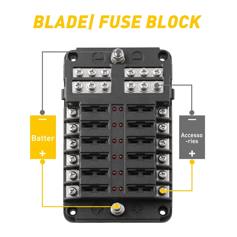 12 Way 12V Blade Fuse Block,12 Circuit ATC/ATO Fuse Box Holder with LED Indicator Waterpoof Cover for 12V Automotive Truck Boat Marine RV Van Vehicle with 24 pcs Fuse