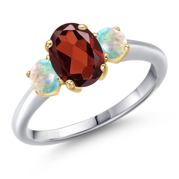 Gem Stone King 925 Silver and 10K Yellow Gold Red Garnet and Simulated White Opal Engagement Ring for Women | 2.00 Cttw | Oval 8X6MM | Gemstone January Birthstone | Size 8