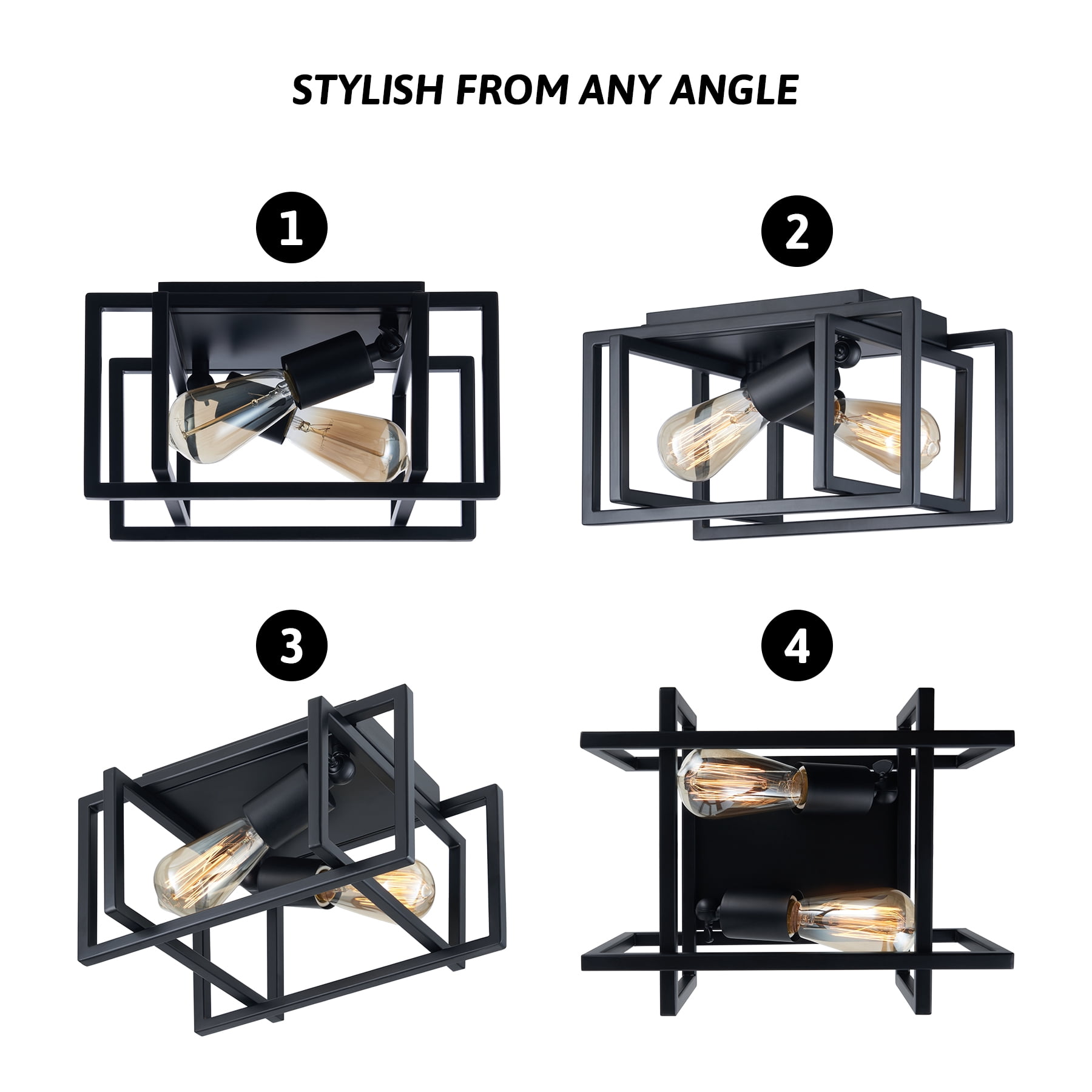 Square Flush Mount Ceiling Light Fixture with Open Geometric Metal Frame for 2 Bulbs up to 40W Each, Matte Black