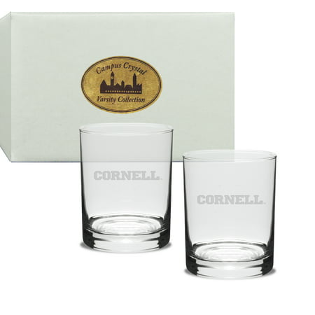Cornell Big Red Deep Etched Double Old Fashion Glass Set of 2