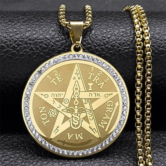 Tetragrammaton Hebrew Jewish Pentagram Necklace for Men14K Yellow Gold Crystal Gold Color Amulet Necklaces Jewelry Gift