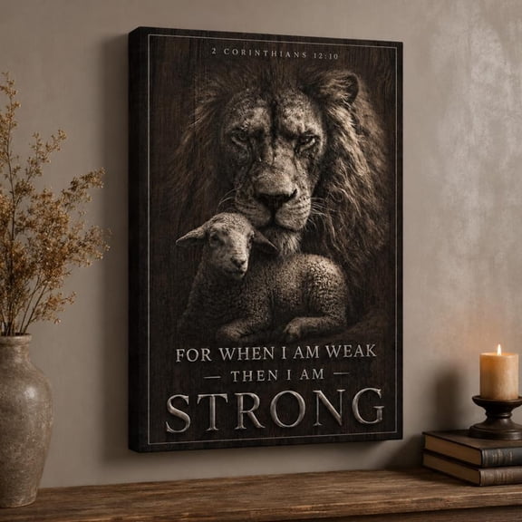Lion and Lamb Christian Framed Canvas Wall Art Décor, Bible Verse Scripture Print, Inspirational Religious Wall Decor Gift