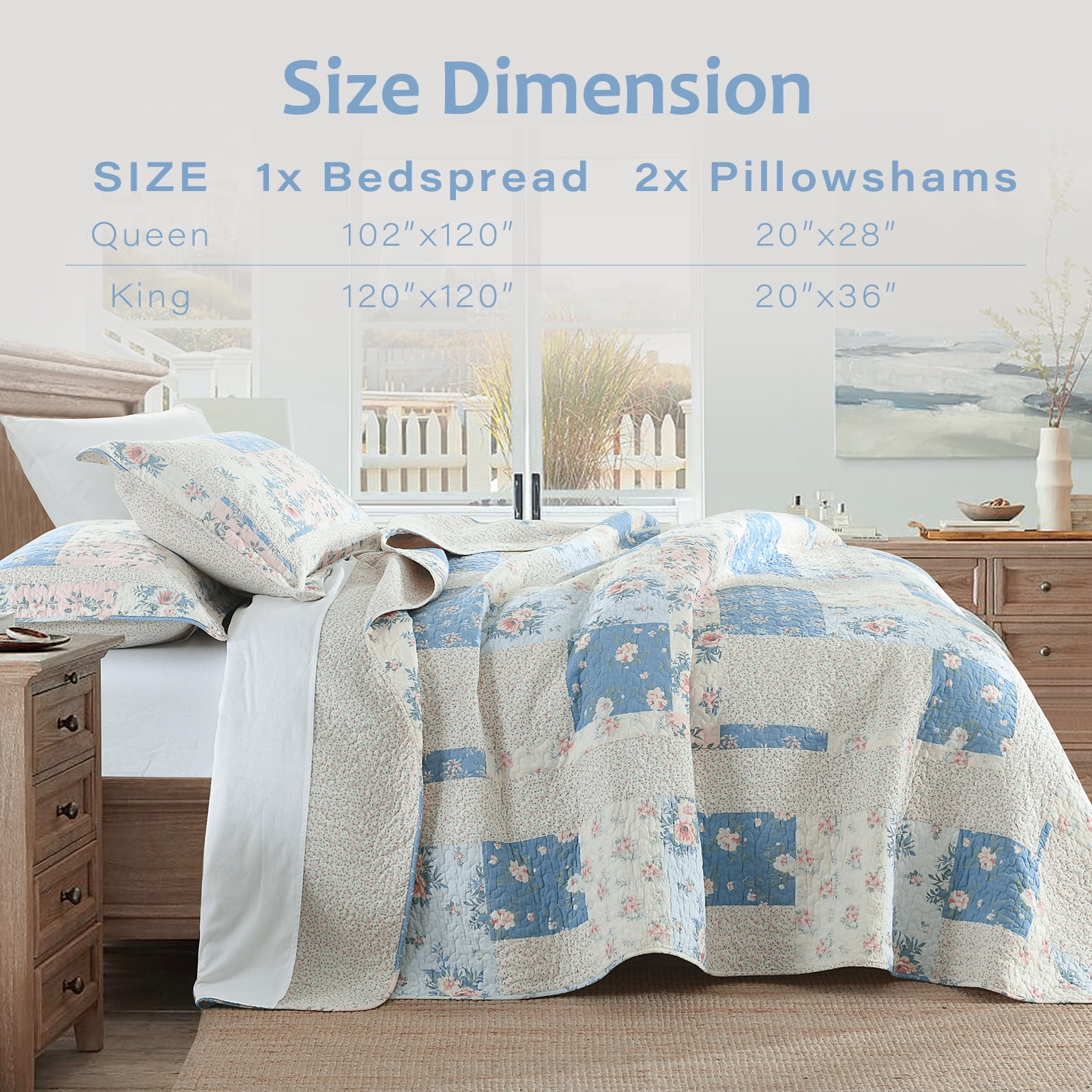 DUOHONG King Bedspread 120"W x 120"L - 100% Cotton Reversible Lightweight Oversized Quilt with 2 Pillow Shams, Blue/Cream White