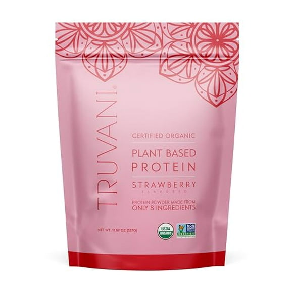 Truvani Proteína de guisante vegana en polvo | Fresa | 20 g de proteína orgánica a base de plantas | 10 porciones | cetogénico | Sin gluten ni lácteos | Bajo en carbohidratos | Sin azúcar añadido