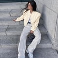 thumbnail image 5 of Bomber Jacket for Women - Cropped Button Down Casual Jacket with Pockets, Lightweight All-Season Outerwear Coat Beige L, 5 of 5