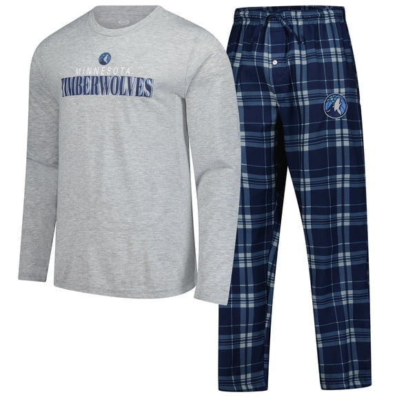 Men's Concepts Sport Navy Minnesota Timberwolves Regulate Long Sleeve T-Shirt & Plaid Pant Set