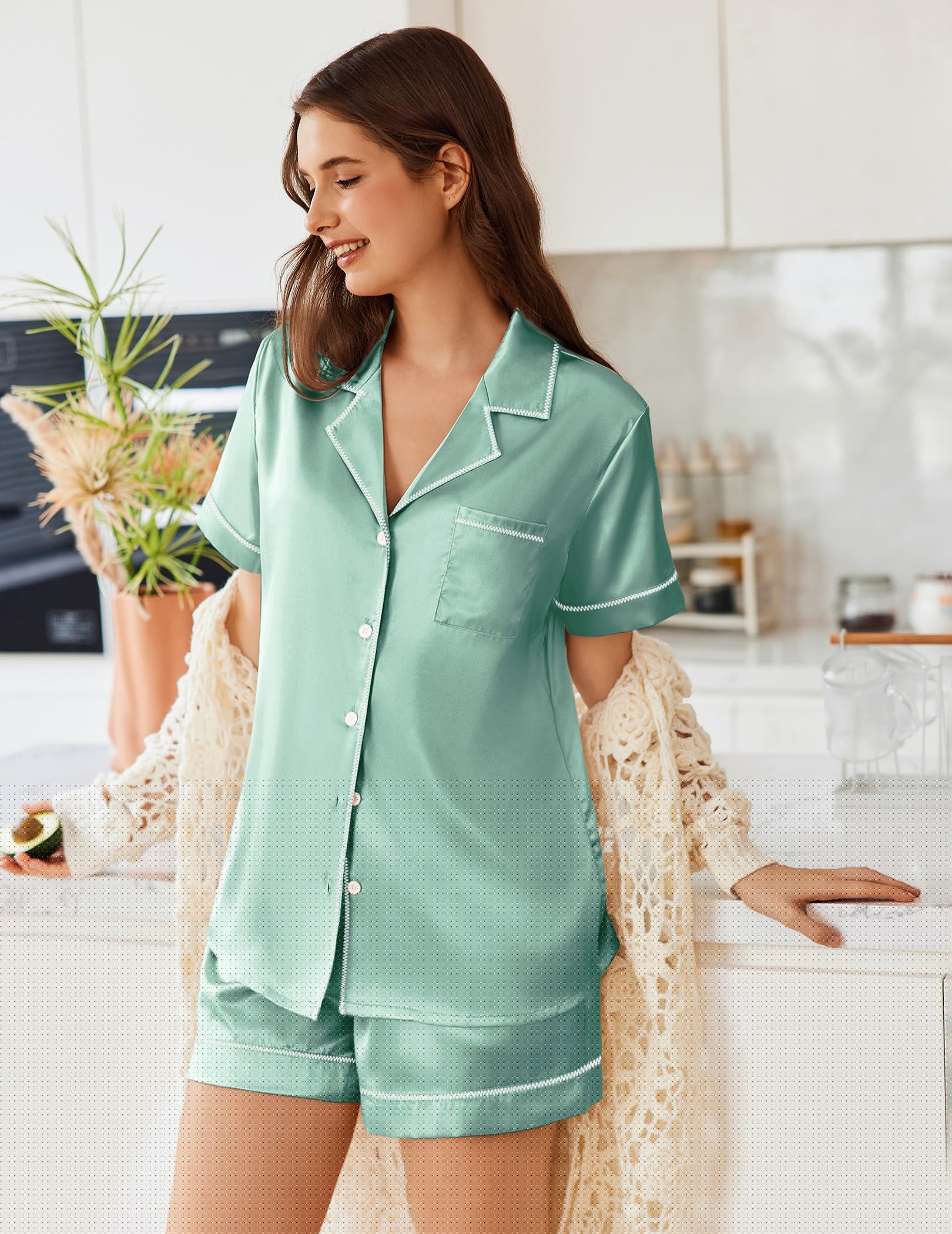 thumbnail image 3 of Ekouaer Womens Satin Silk Pajamas Set Short Sleeve Sleepwear Button Down Top and Shorts Loungewear 2 Piece Pjs Set, 3 of 6
