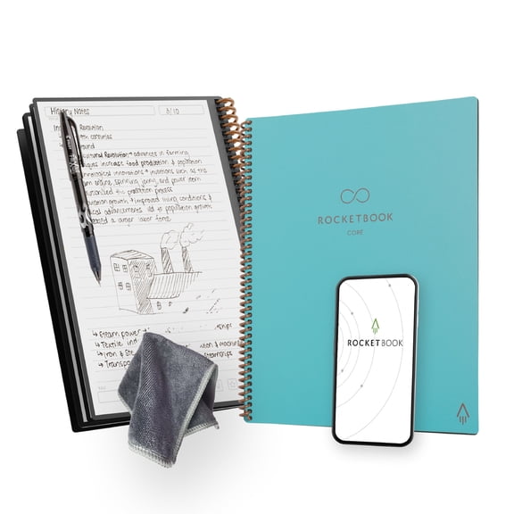 Rocketbook Core Reusable Smart Notebook, Letter 8.5" x 11", Teal, Lined Pages, Cloud Connected Erasable Spiral Notebook