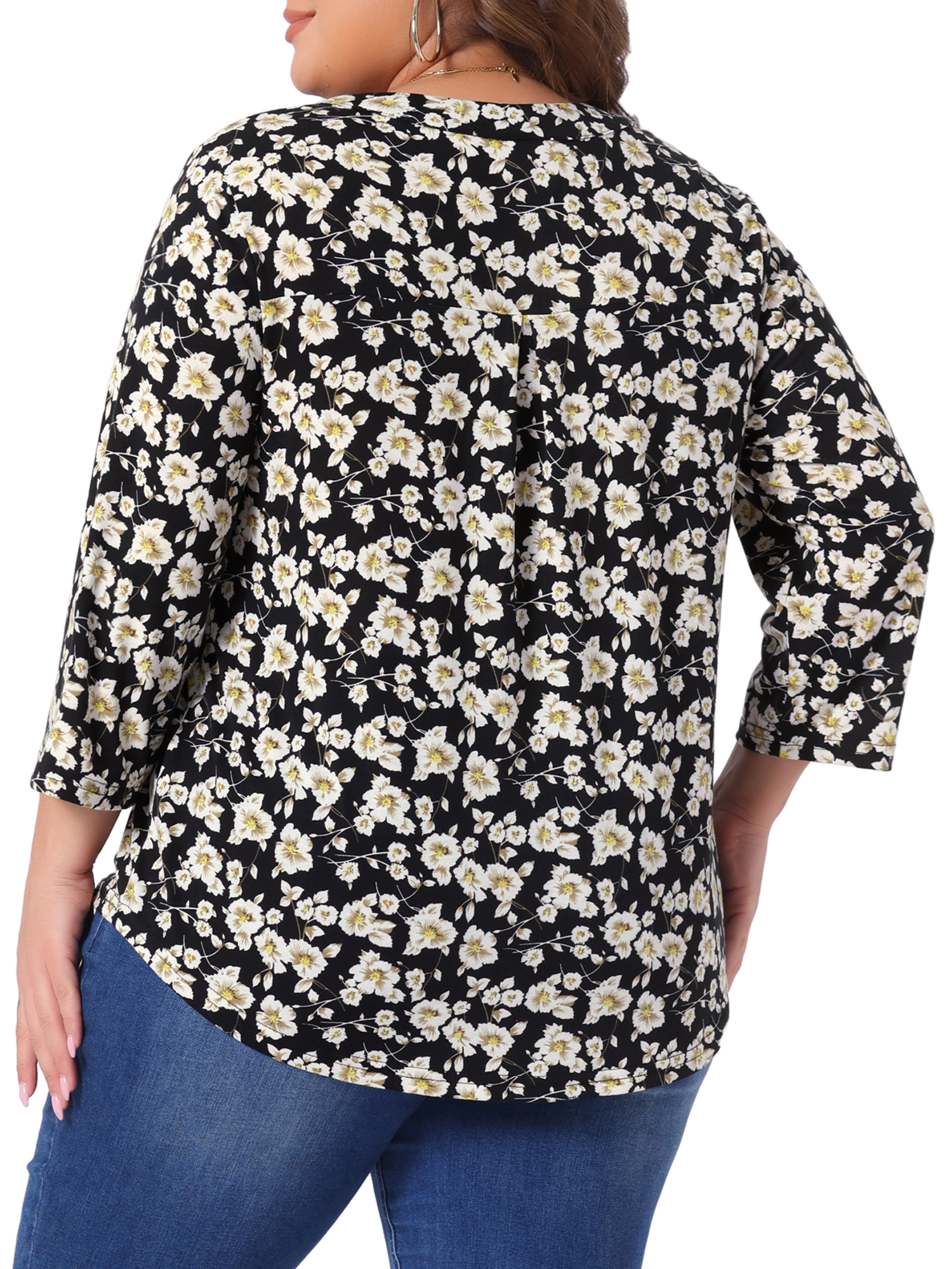 DARING DIVA Women' Plus Size 3/4 Sleeve Zip Up Floral Print V Neck Blouse 4X Black