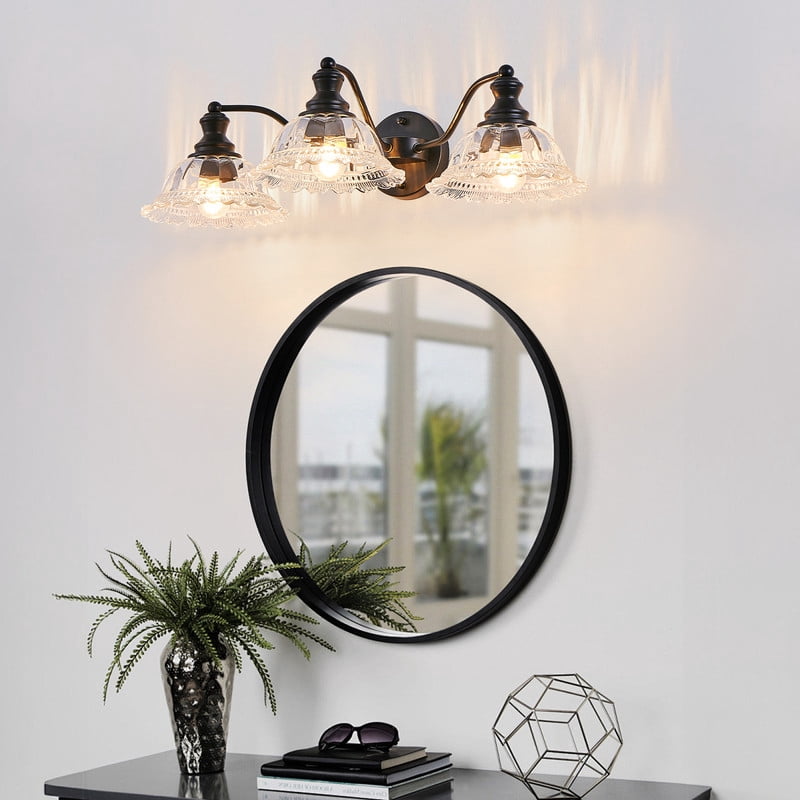 24" Vintage 3-Light Bathroom Wall Sconce, Elegant Black Metal Vanity Light with Clear Glass Shades, Wall Mounted Fixture for Bathroom, Hallway, Bedroom (Bulbs Not Included)