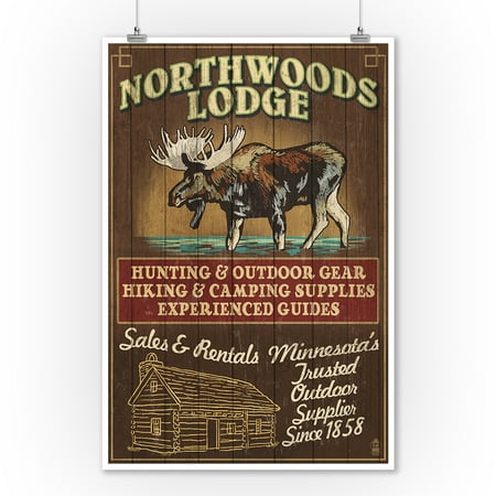 Northwoods Cabin Decor Minnesota - Moose Northwoods Lodge Vintage Sign - Lantern Press Artwork (9x12 Art Print, Wall Decor Travel Poster) ()