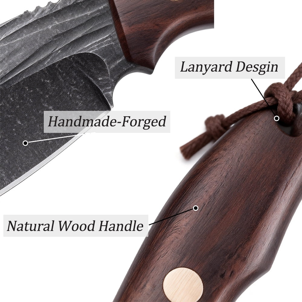 Fixed Blade Knife 3PCS High Carbon Steel Butcher Knives Set Full Tang Mini Hunting Knife with Leater Sheath Wood Handle and Paracord Lanyard for Outdoor Camping Bushcraft