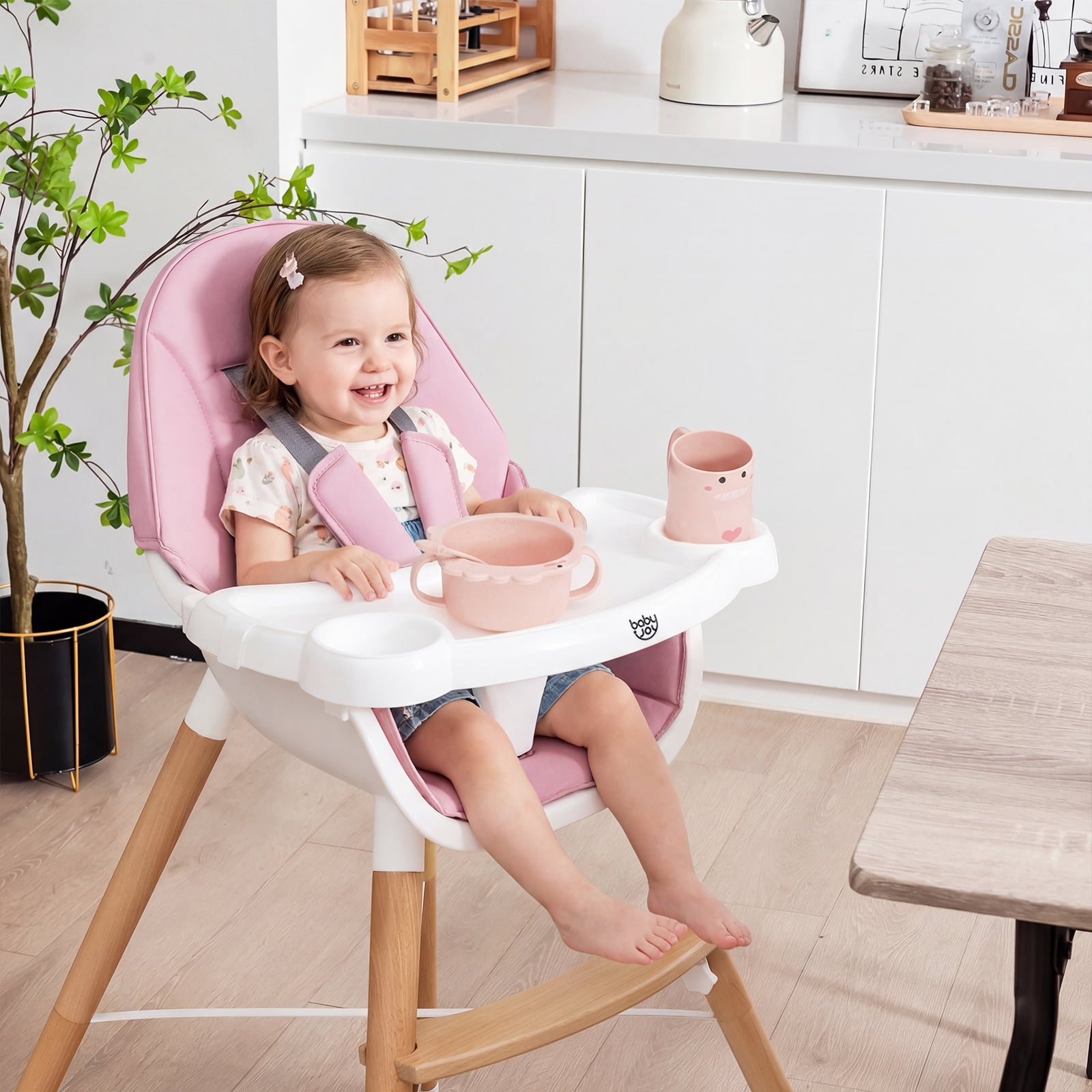Costway Baby High Chair Wooden Feeding Chair with 4-Gear Tray & Removable Cushion Pink