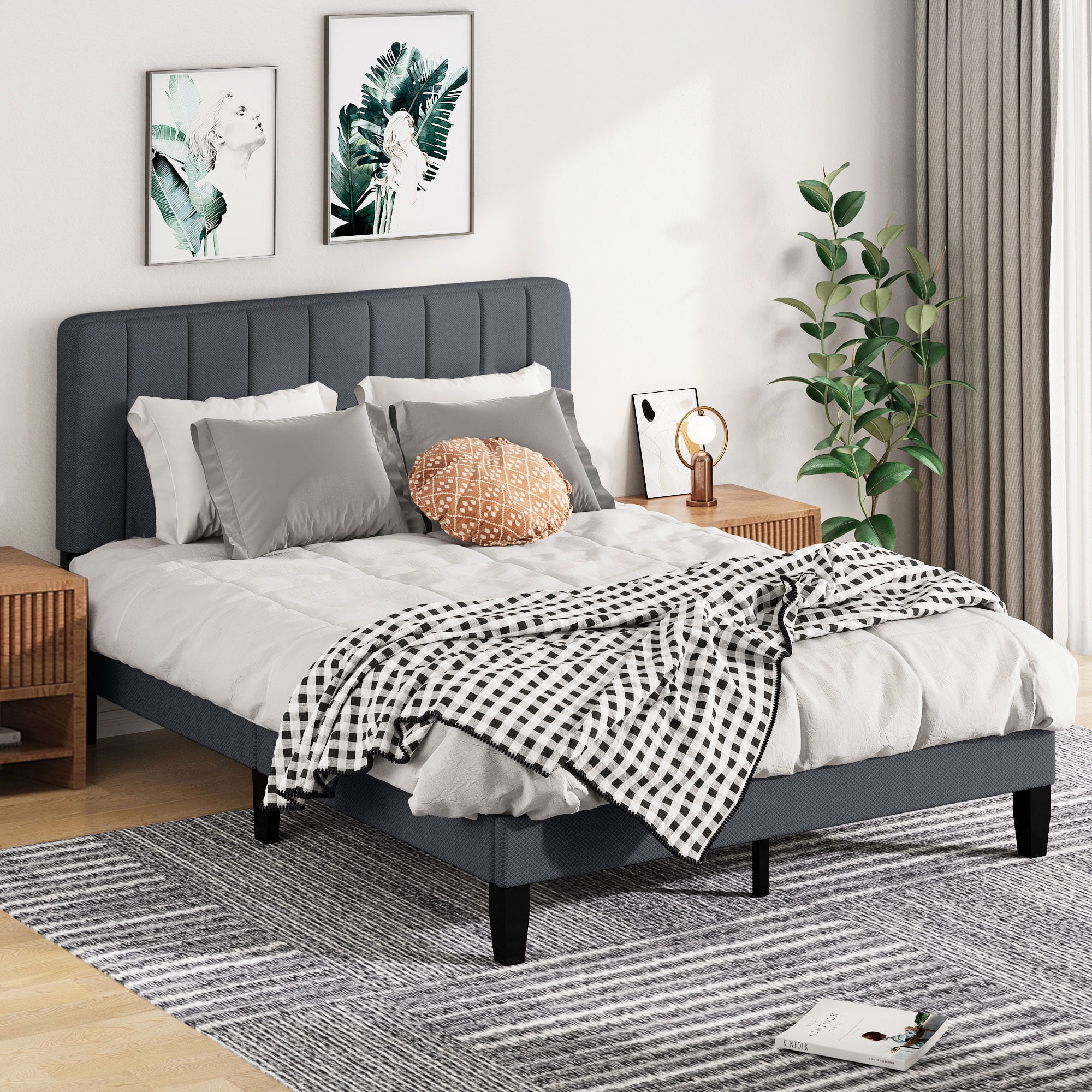 Pingliang Home Queen Size Bed Frame with Adjustable Upholstered Headboard&Wood Slats Support,Gray