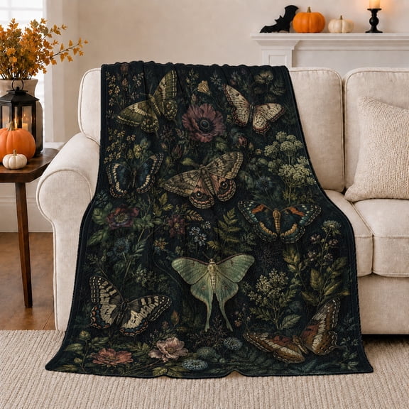 Gothic Night Garden Moth Butterfly Scene Dark Botanical, Cozy Botanical Garden Scene, Warm Flannel Blanket for Sunroom and Reading Nook, Garden Lovers Housewarming Gift, Botanical Home Decor