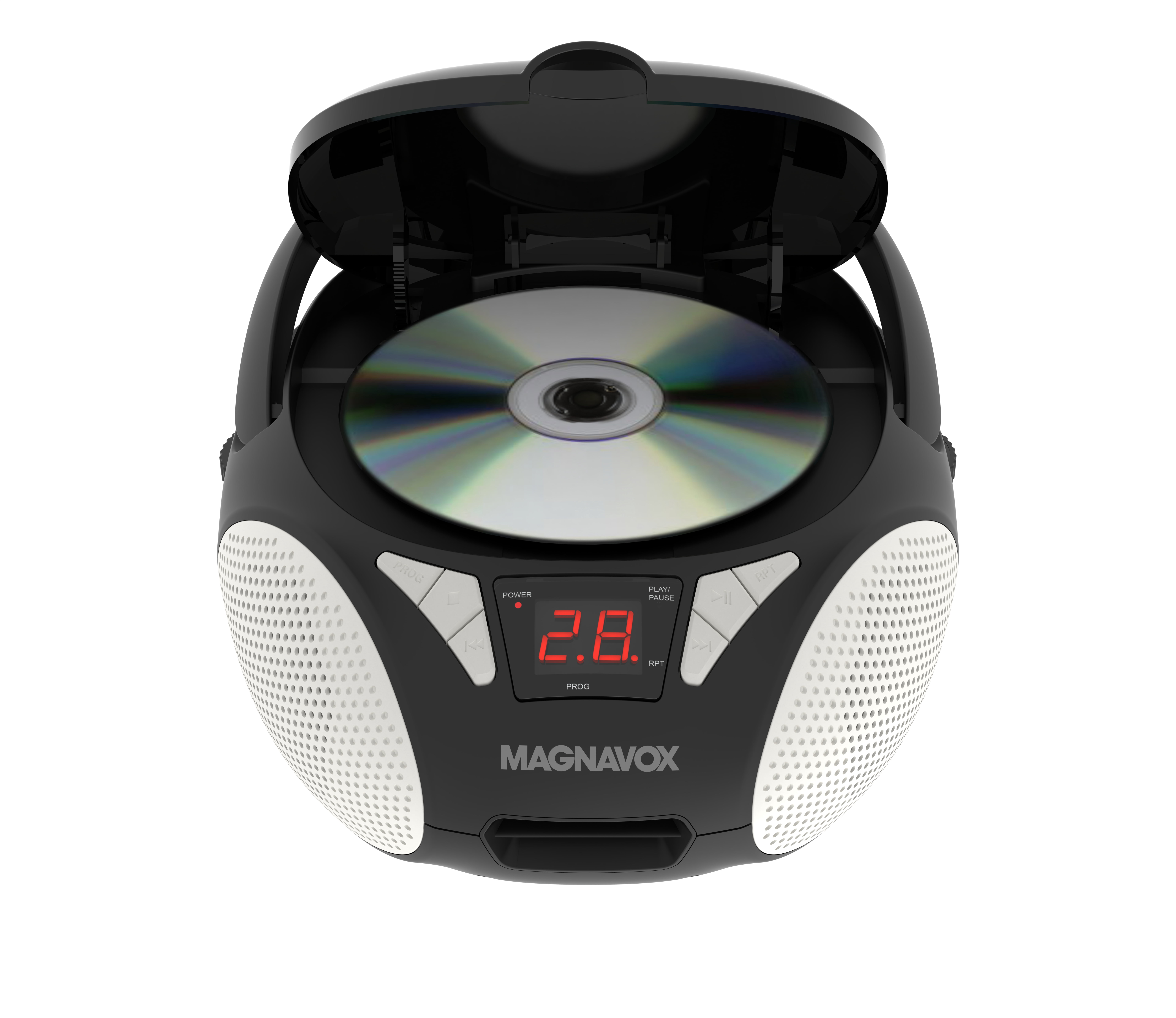 Magnavox Portable CD Boombox with FM Stereo Radio, Top-Loading CD Player, AUX Input, LED Display, AC/DC Power, Battery Operated Boombox, Black