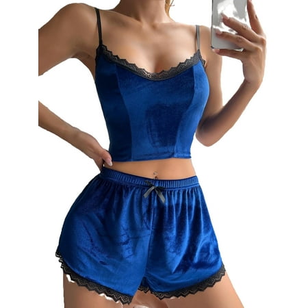 

Elegant Plain Spaghetti Strap Sleeveless Navy Blue Cami Shorts Women Pajama Sets (Women s)