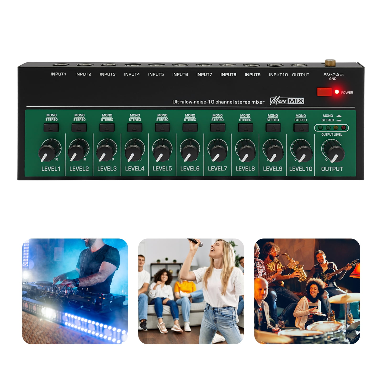 10-Channel Audio Mixer with Bluetooth Connectivity, Three-Band Equalizer, Multiple Music Modes, and Built-in Analog Effects for Sound Control